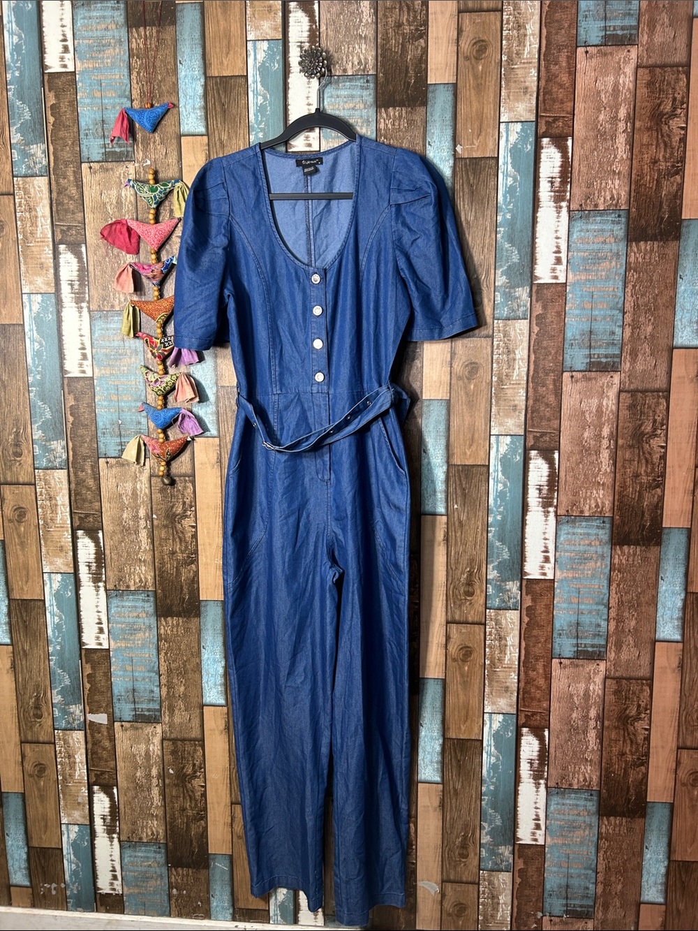 Blue Women’s Jumpsuit with Button Front and Belt